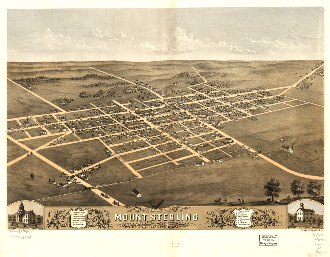 Mount Sterling madártávlatból, Brown megye, Illinois 1869. LOC 73693365 alkotó: A.; Chicago Lithographing Co. Ruger