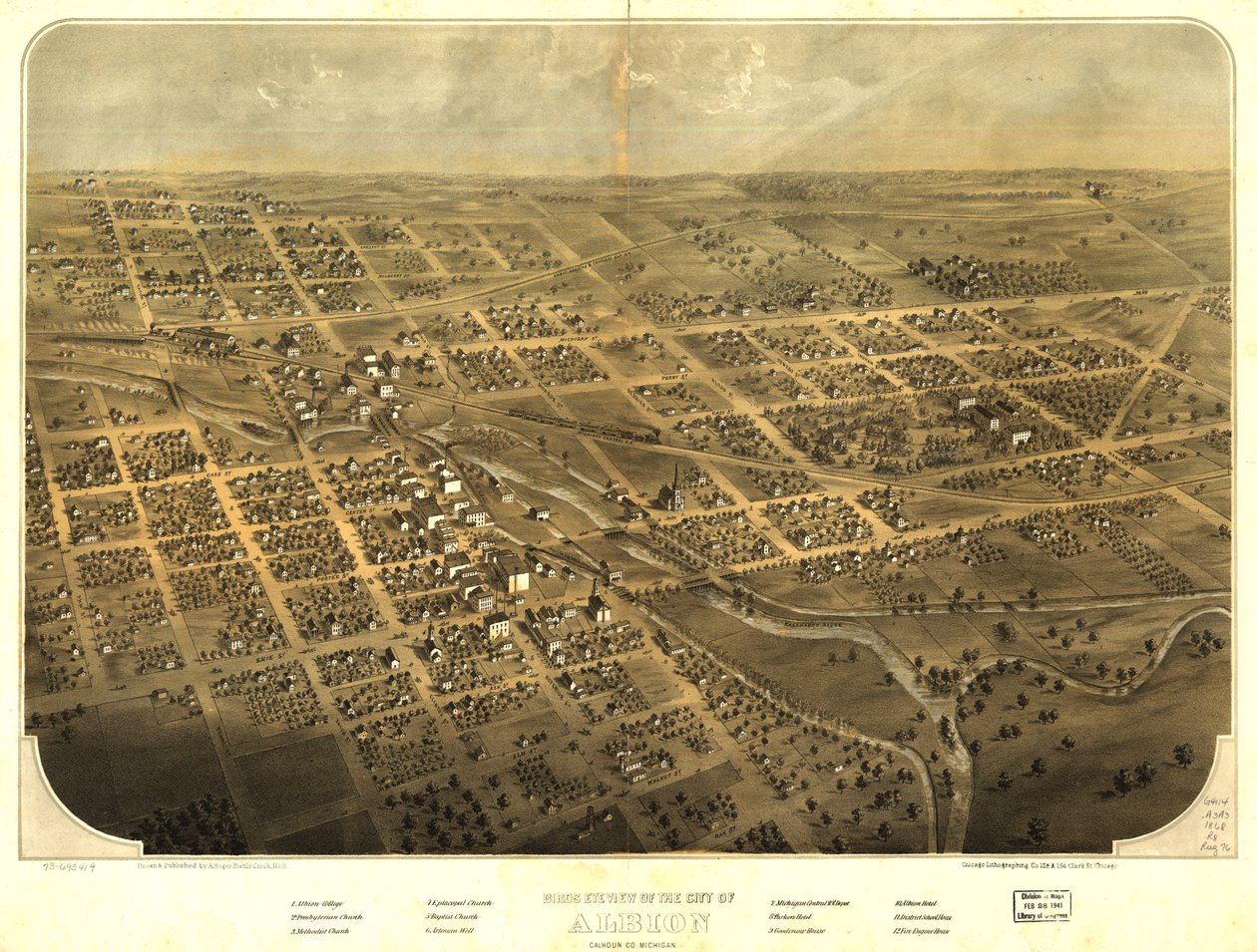 Albion városának madártávlati képe, Calhoun Co., Michigan. LOC 73693419 alkotó: A.; Chicago Lithographing Co. Ruger