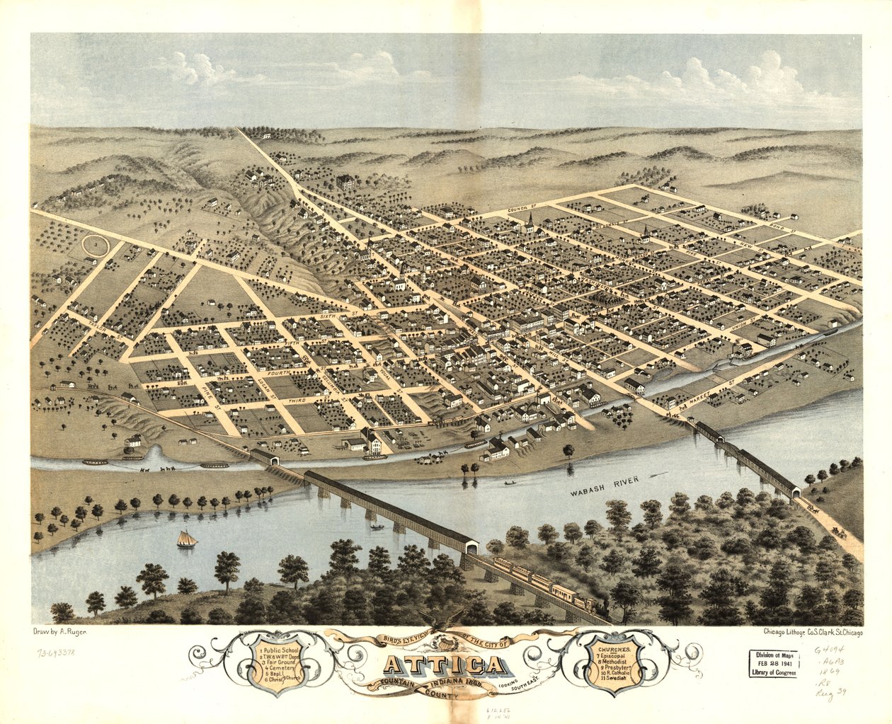 Attica városának madártávlati képe, Fountain megye, Indiana 1869. LOC 73693378 alkotó: A.; Chicago Lithographing Co. Ruger