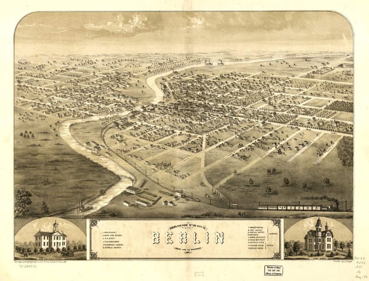 Berlin városának madártávlati képe, Green Lake Co., Wisconsin 1867. LOC 73694536 alkotó: A.; Chicago Lithographing Co. Ruger