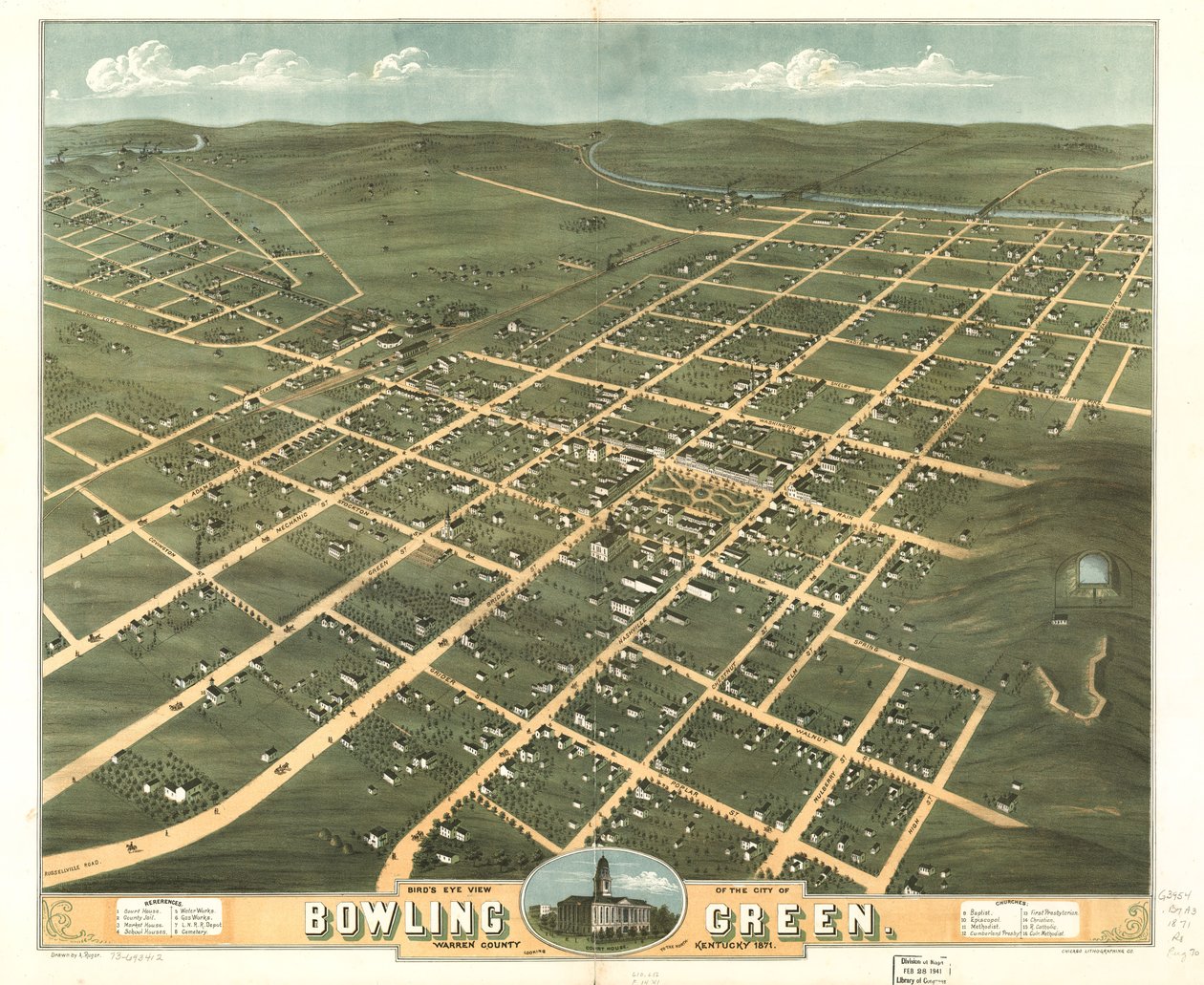 Bowling Green városának madártávlati képe, Warren megye, Kentucky 1871. LOC 73693412 alkotó: A.; Chicago Lithographing Co. Ruger