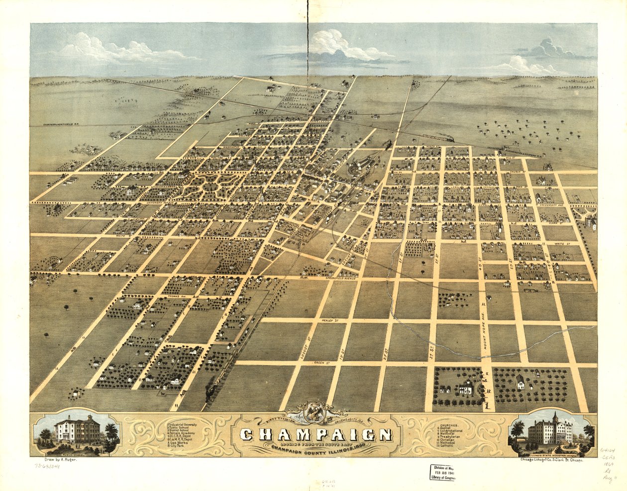 Champaign városának madártávlati látképe, Champaign megye, Illinois 1869. LOC 73693348 alkotó: A.; Chicago Lithographing Co. Ruger