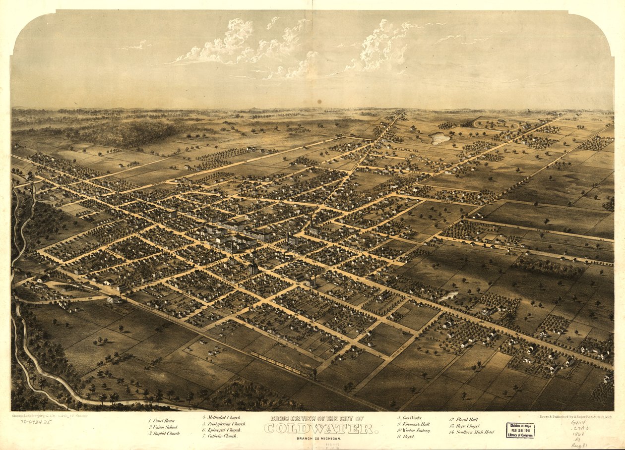 Coldwater városának madártávlati képe, Branch Co., Michigan. LOC 73693425 alkotó: A.; Chicago Lithographing Co. Ruger