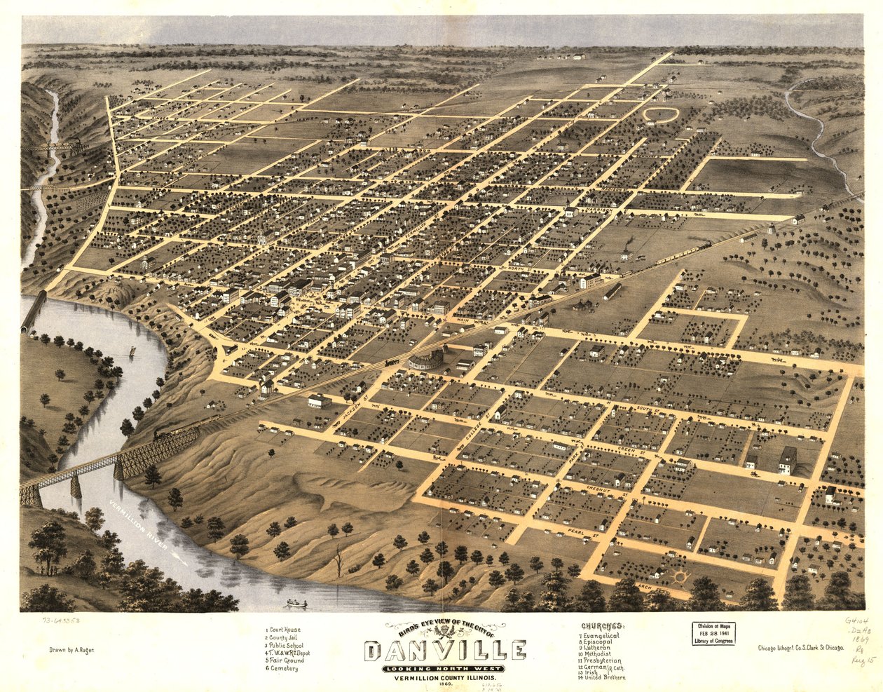 Danville városának madártávlati képe, Vermillion megye, Illinois 1869. LOC 73693353 alkotó: A.; Chicago Lithographing Co. Ruger