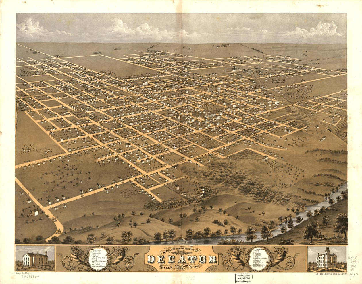 Decatur városának madártávlati képe, Macon Co., Illinois 1869. LOC 73693354 alkotó: A.; Chicago Lithographing Co. Ruger