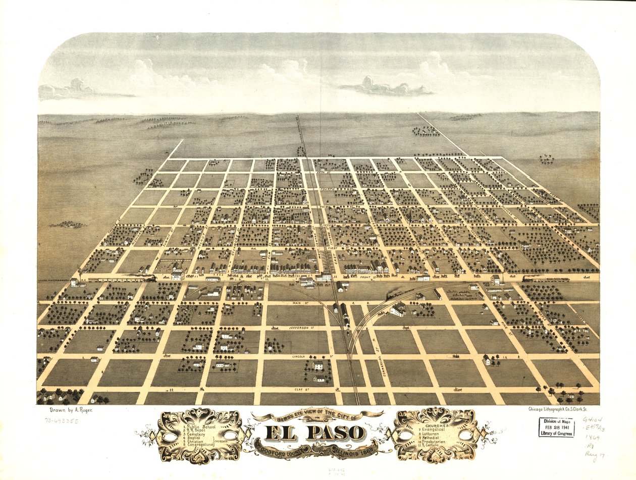 El Paso városának madártávlati képe, Woodford megye, Illinois 1869. LOC 73693355 alkotó: A.; Chicago Lithographing Co. Ruger