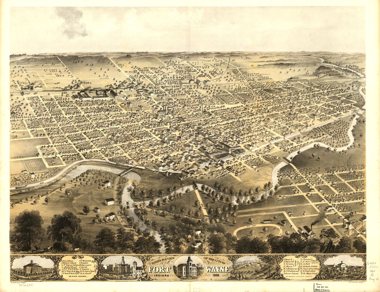 Az indianai Fort Wayne városának madártávlati képe 1868. LOC 73693381 alkotó: A.; Chicago Lithographing Co. Ruger