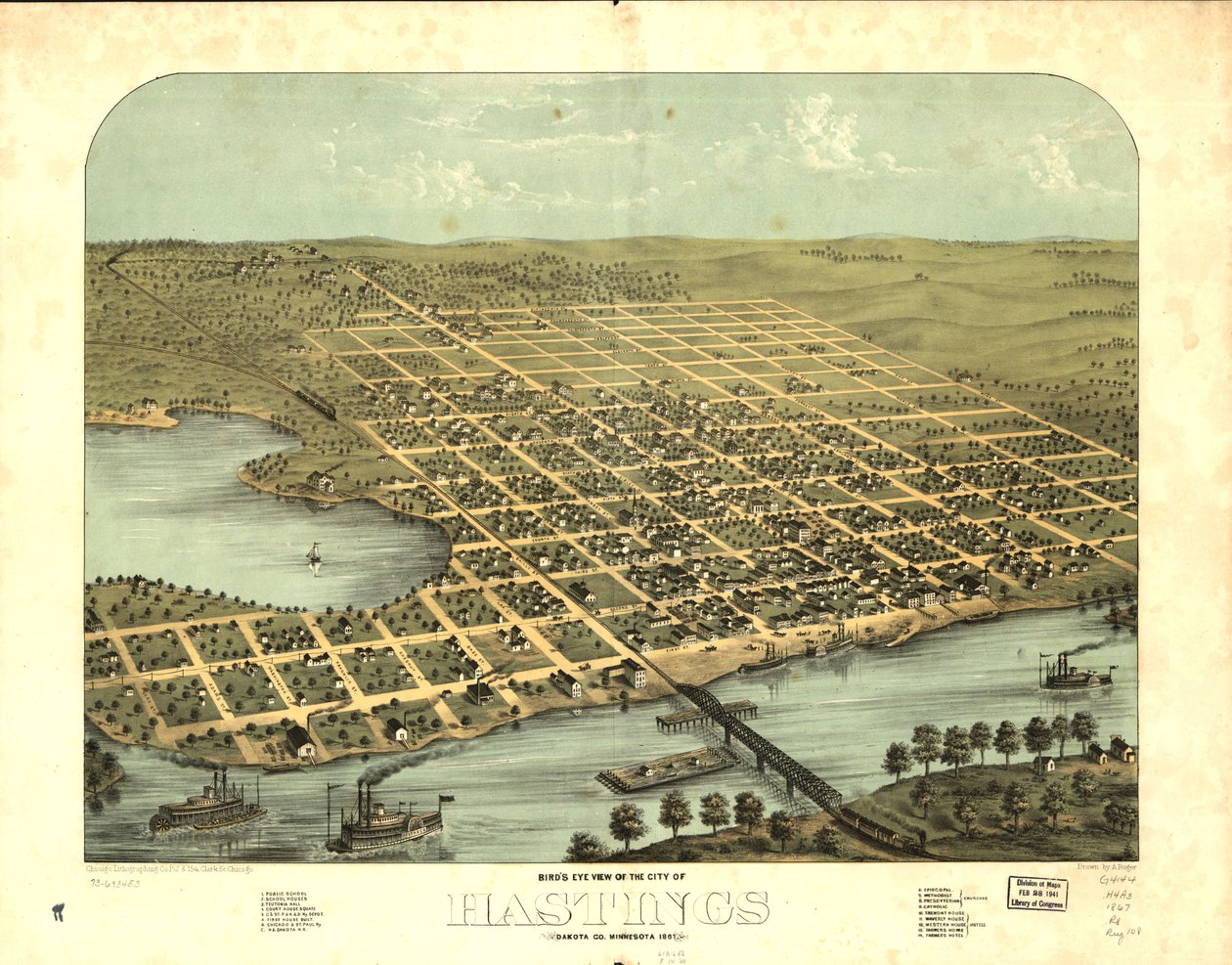 Hastings városának madártávlati képe, Dakota Co., Minnesota 1867. LOC 73693453 alkotó: A.; Chicago Lithographing Co. Ruger