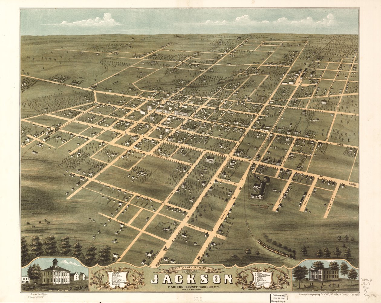 Jackson városának madártávlati képe, Madison megye, Tennessee 1870. LOC 73694528 alkotó: A.; Chicago Lithographing Co. Ruger
