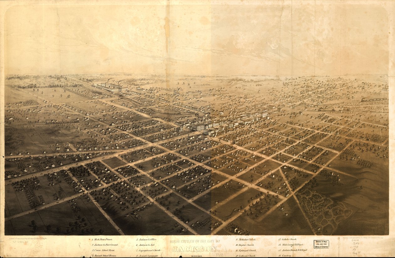 A michigani Jackson városának madártávlati képe. LOC 73693433 alkotó: A.; Chicago Lithographing Co. Ruger