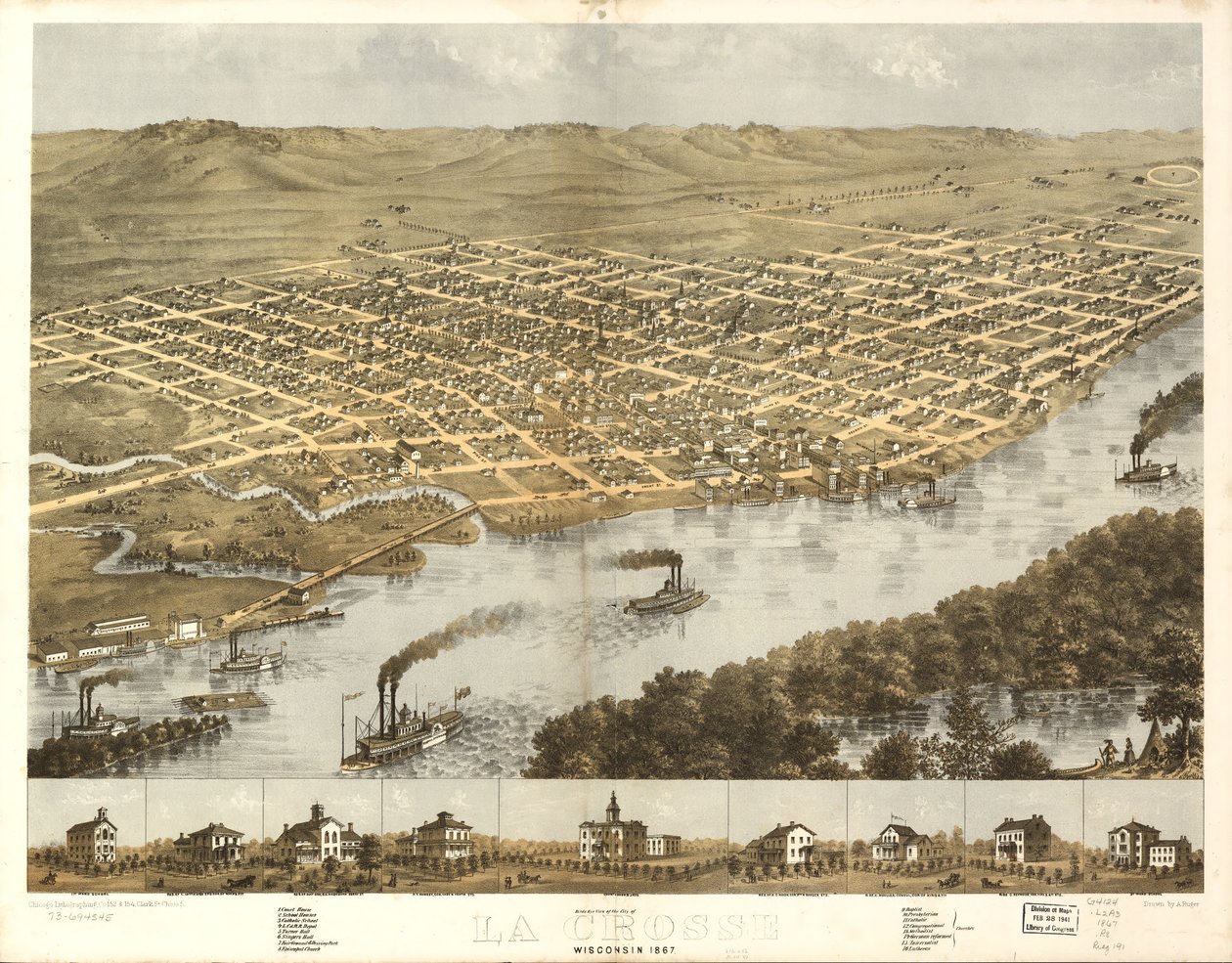 La Crosse városának madártávlati képe, Wisconsin 1867. LOC 73694545 alkotó: A.; Chicago Lithographing Co. Ruger