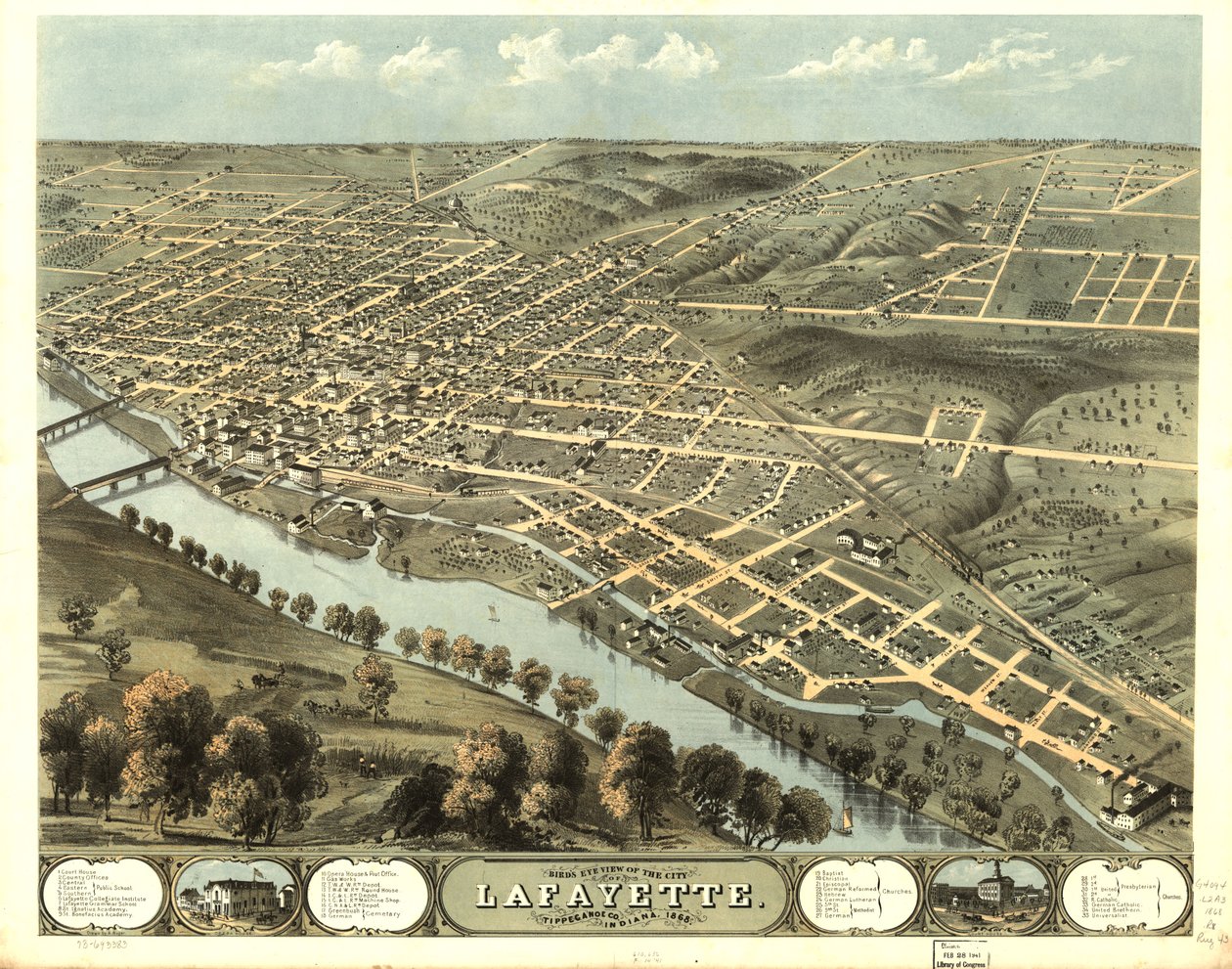 Lafayette városának madártávlati képe, Tippecanoe Co., Indiana 1868. LOC 73693383 alkotó: A.; Chicago Lithographing Co. Ruger