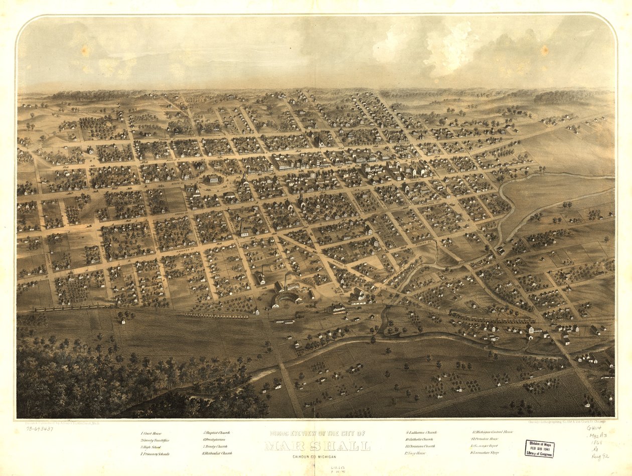 Marshall városának madártávlati képe, Calhoun Co., Michigan. LOC 73693437 alkotó: A.; Chicago Lithographing Co. Ruger