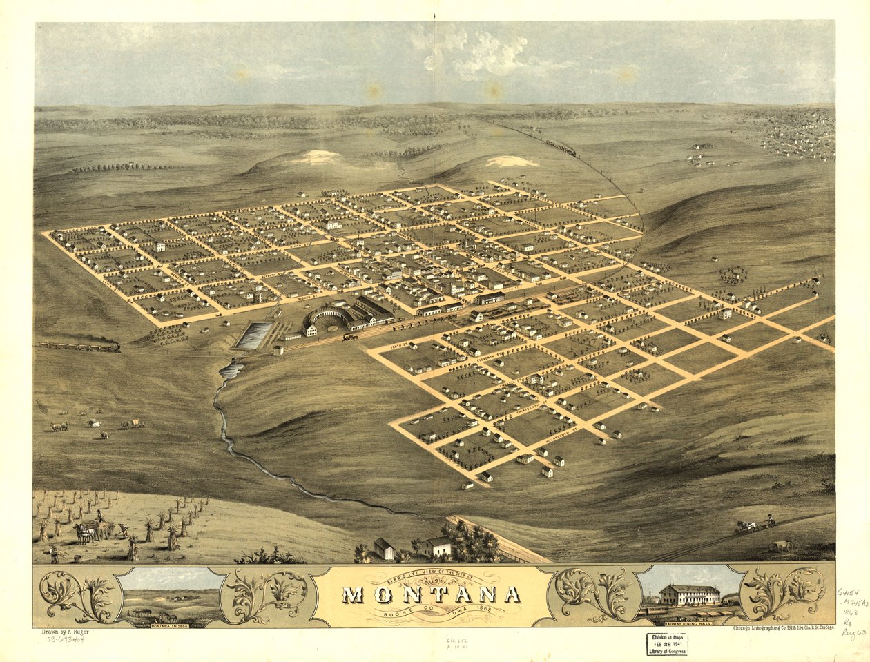 Montana városának madártávlati képe, Boone Co., Iowa 1868. LOC 73693404 alkotó: A.; Chicago Lithographing Co. Ruger