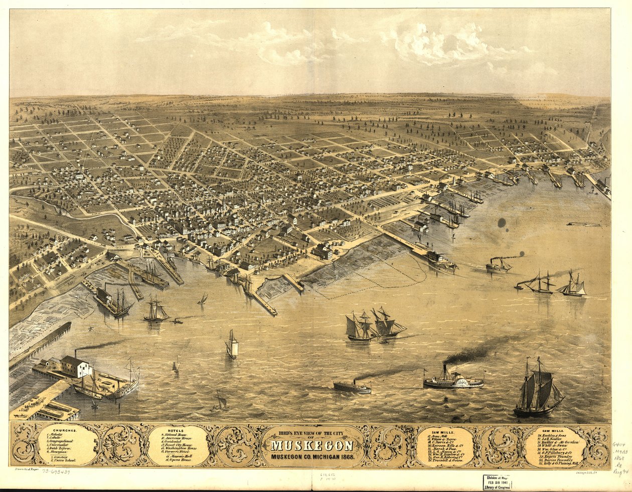 Madártávlati kilátás Muskegon városára, Muskegon Co., Michigan 1868. alkotó: A.; Chicago Lithographing Co. Ruger