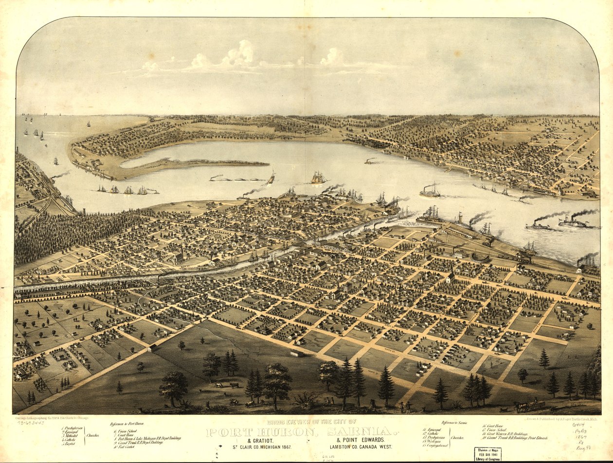 Port Huron városának, Sarnia  Gratiot, St. Clair Co., Michigan 1867 és Point Edwards, Lambton Co., Kanada nyugati része madártávlatból. LOC 73693443 alkotó: A.; Chicago Lithographing Co. Ruger