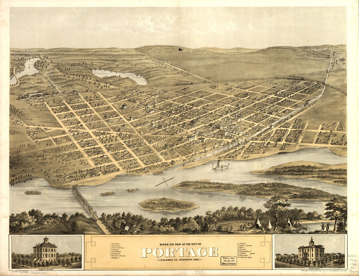 Portage városának madártávlati képe, Columbia Co., Wisconsin 1868. LOC 73694548 alkotó: A.; Chicago Lithographing Co. Ruger