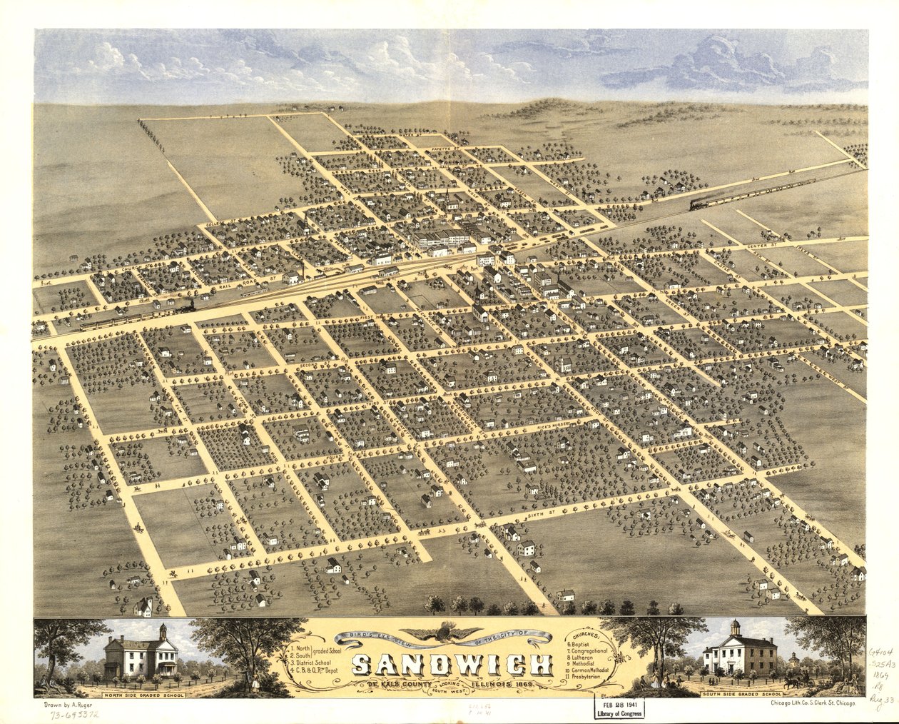 Sandwich városának madártávlati képe, De Kalb megye, Illinois 1869. LOC 73693372 alkotó: A.; Chicago Lithographing Co. Ruger