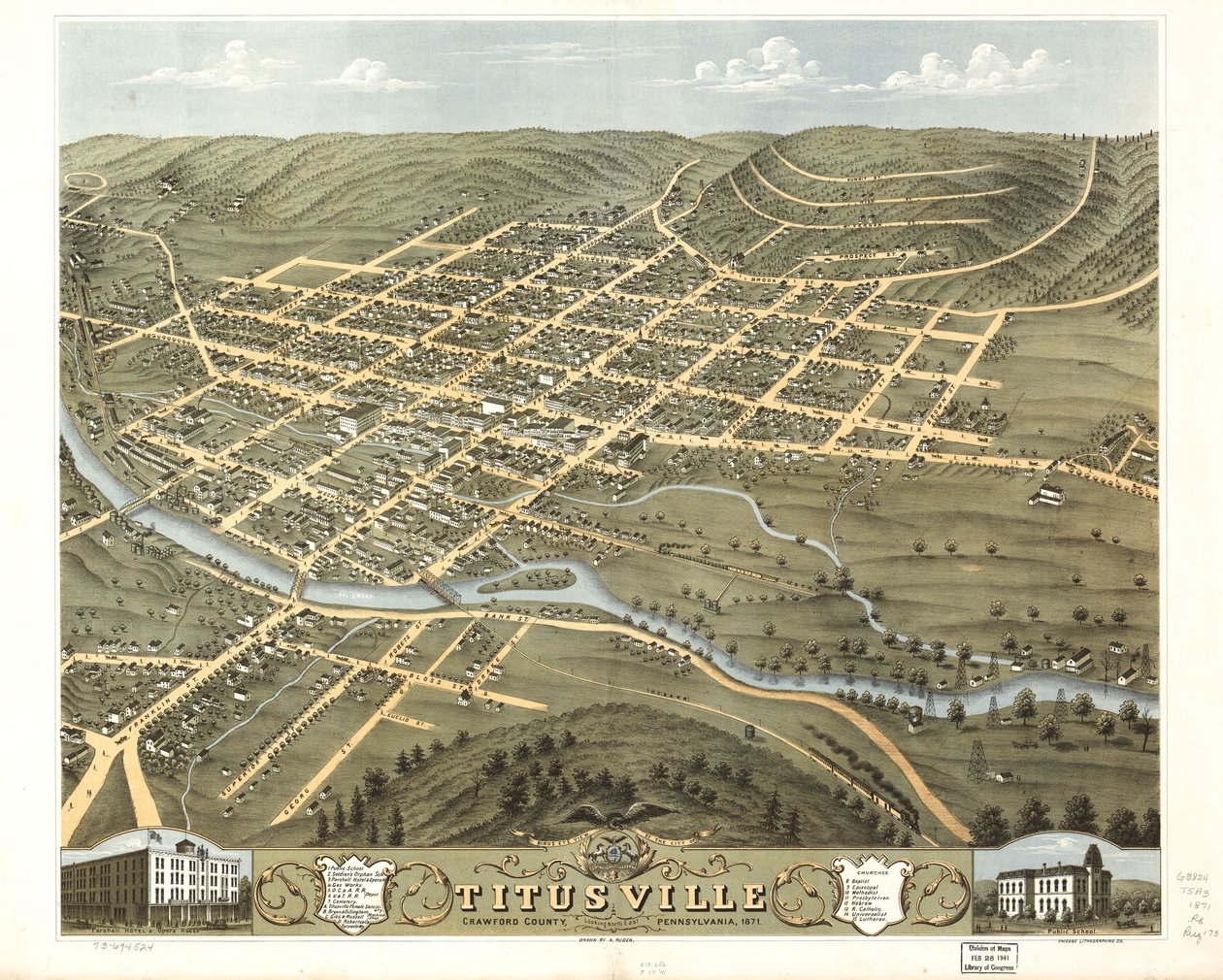 Titusville városának madártávlati képe, Crawford megye, Pennsylvania 1871. LOC 73694524 alkotó: A.; Chicago Lithographing Co. Ruger
