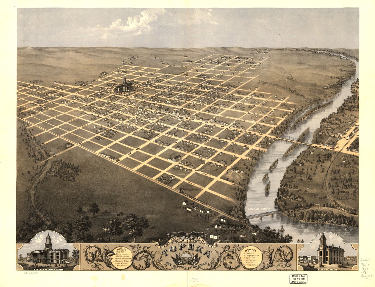 Topeka városának, Kansas fővárosának madártávlatból készült látképe 1869. LOC 73693411 alkotó: A.; Chicago Lithographing Co. Ruger