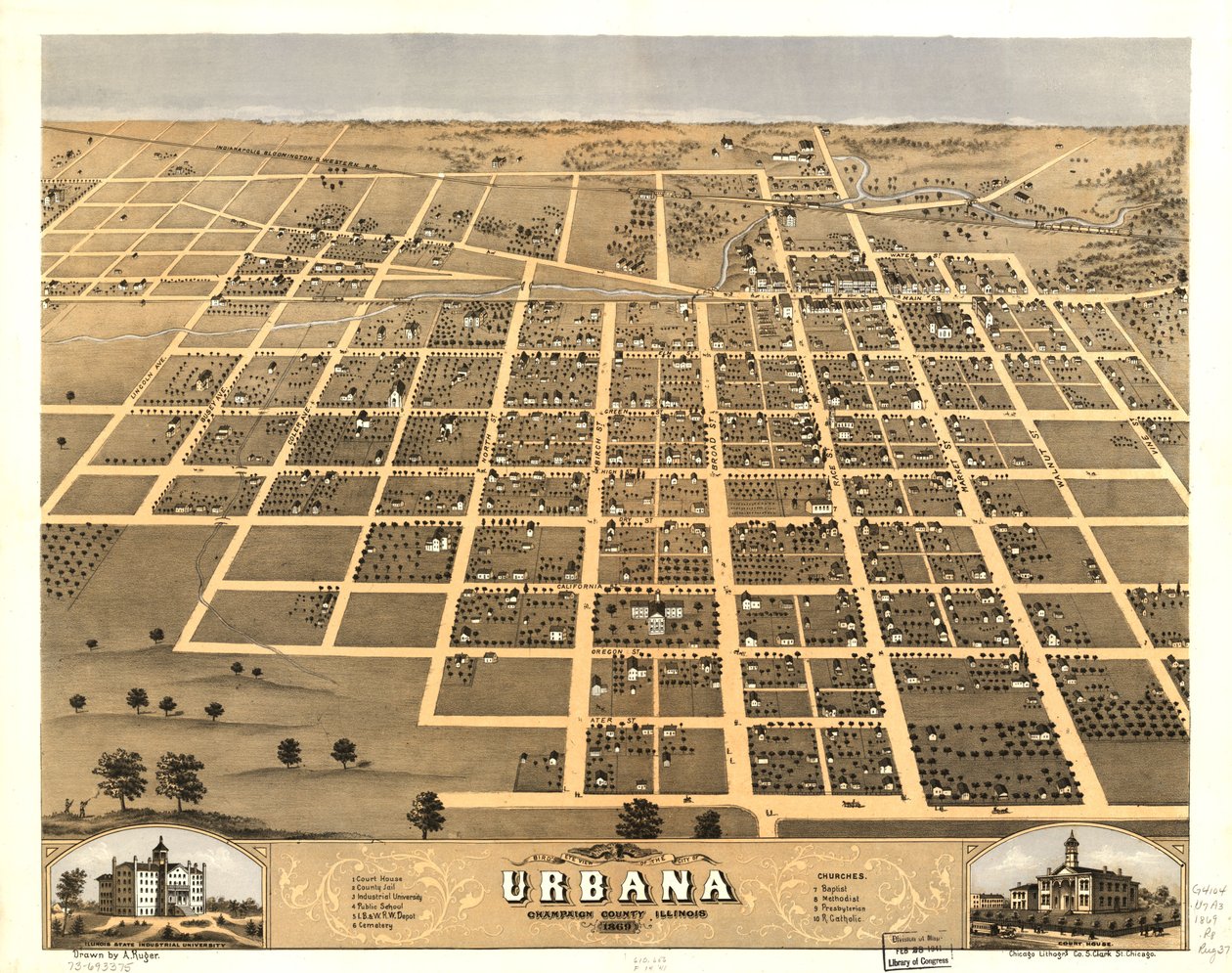 Urbana városának madártávlati látképe, Champaign megye, Illinois 1869. LOC 73693375 alkotó: A.; Chicago Lithographing Co. Ruger