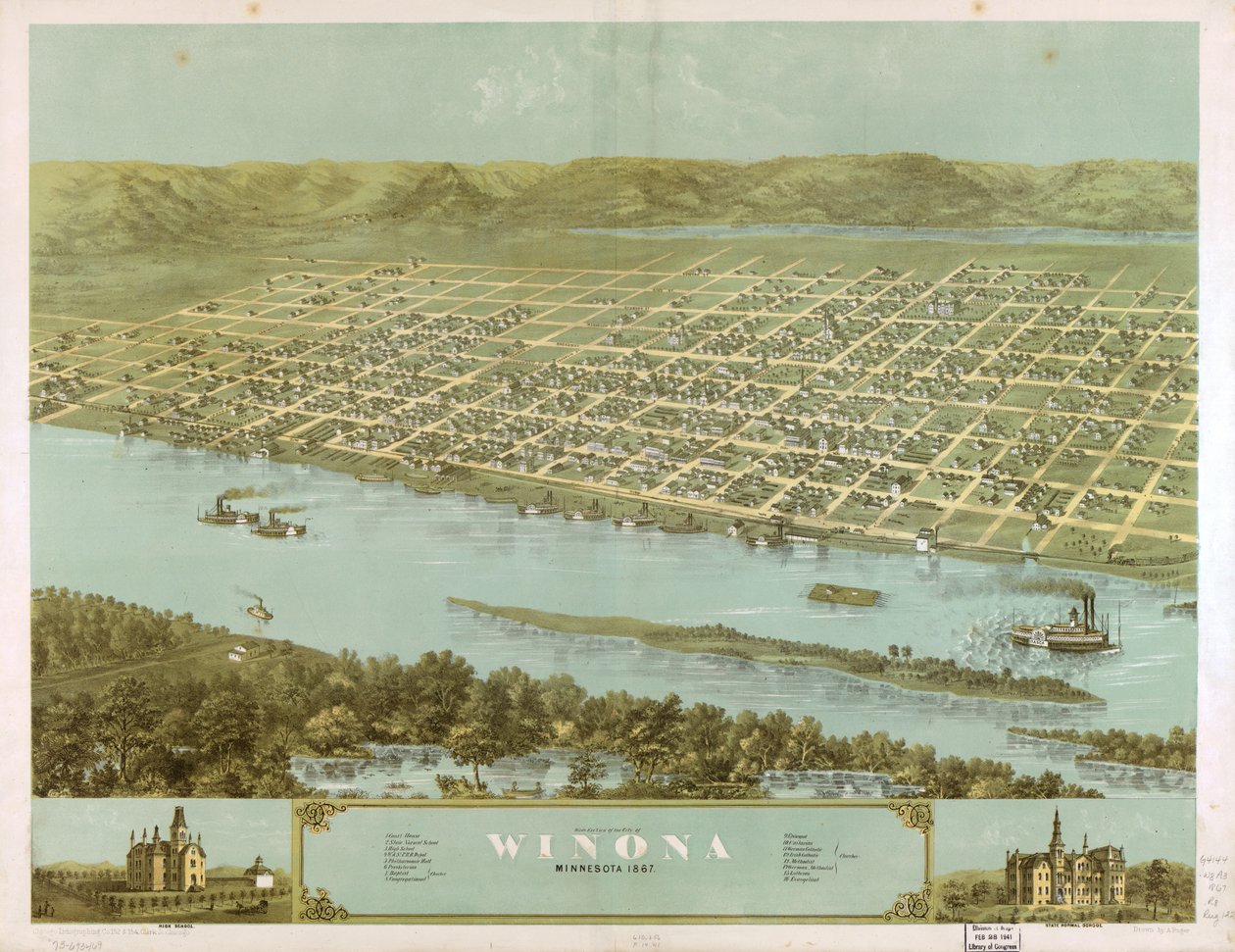 Winona, Minnesota városának madártávlati képe 1867. LOC 73693469 alkotó: A.; Chicago Lithographing Co. Ruger