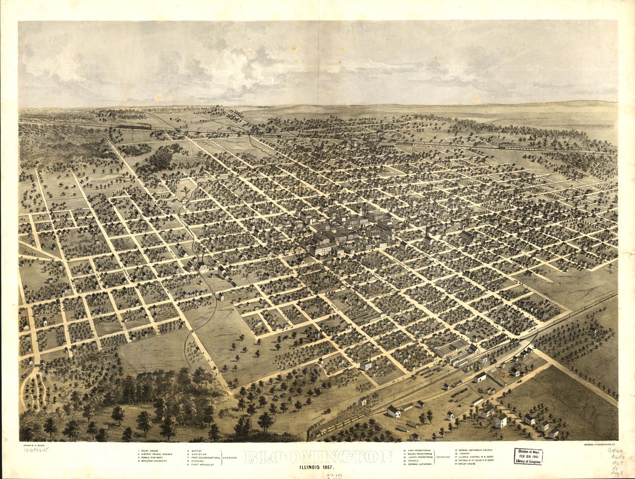 Bloomington, Illinois 1867. LOC 73693345 alkotó: A.; Chicago Lithographing Co. Ruger