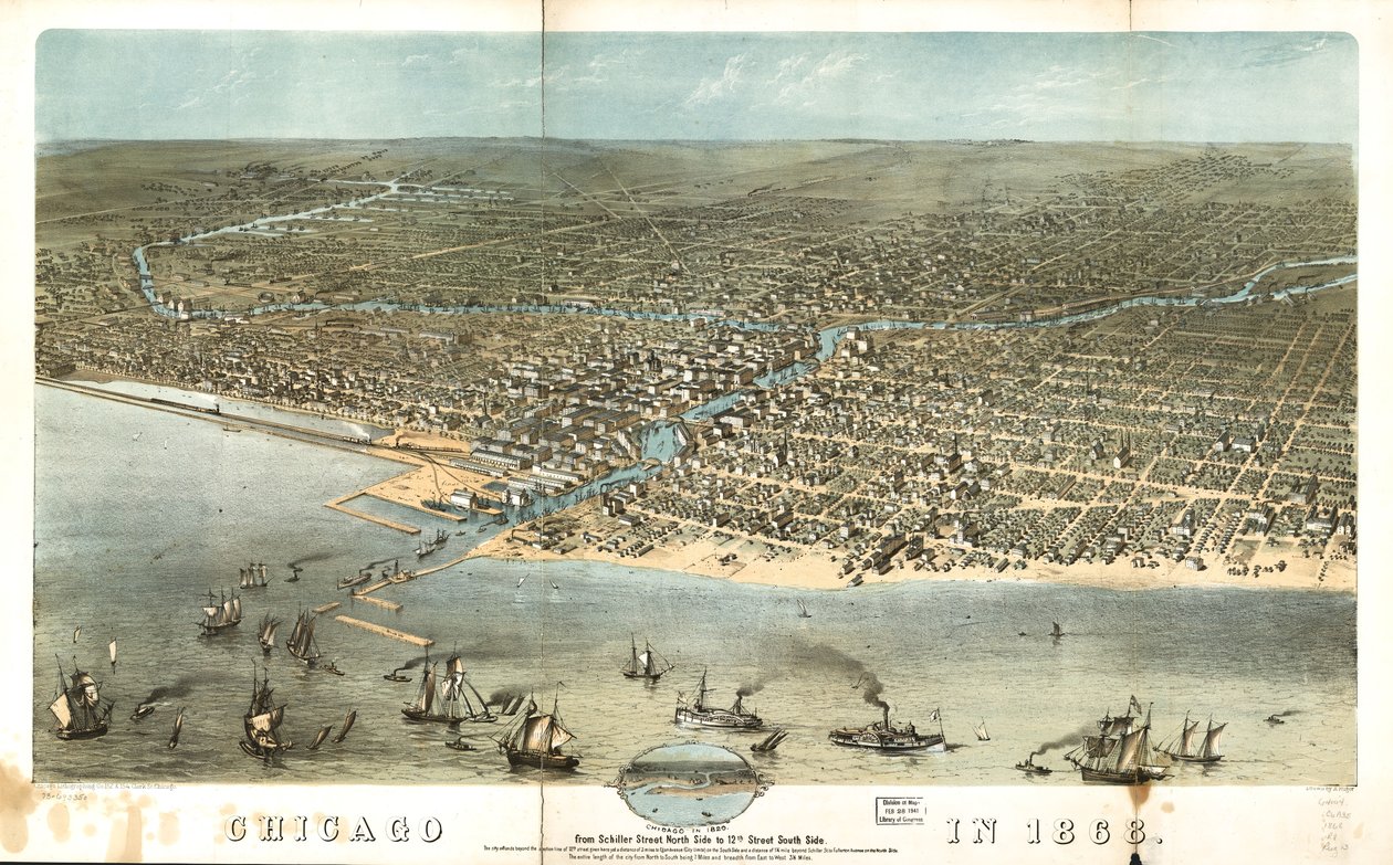Chicago 1868-ban a Schiller Street északi oldalától a 12. utca déli oldaláig. LOC 73693350 alkotó: A.; Chicago Lithographing Co. Ruger