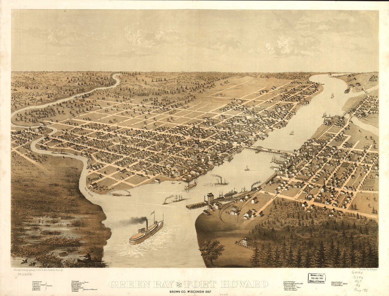 Green Bay és Fort Howard, Brown Co., Wisconsin 1867. LOC 73694541 alkotó: A.; Chicago Lithographing Co. Ruger