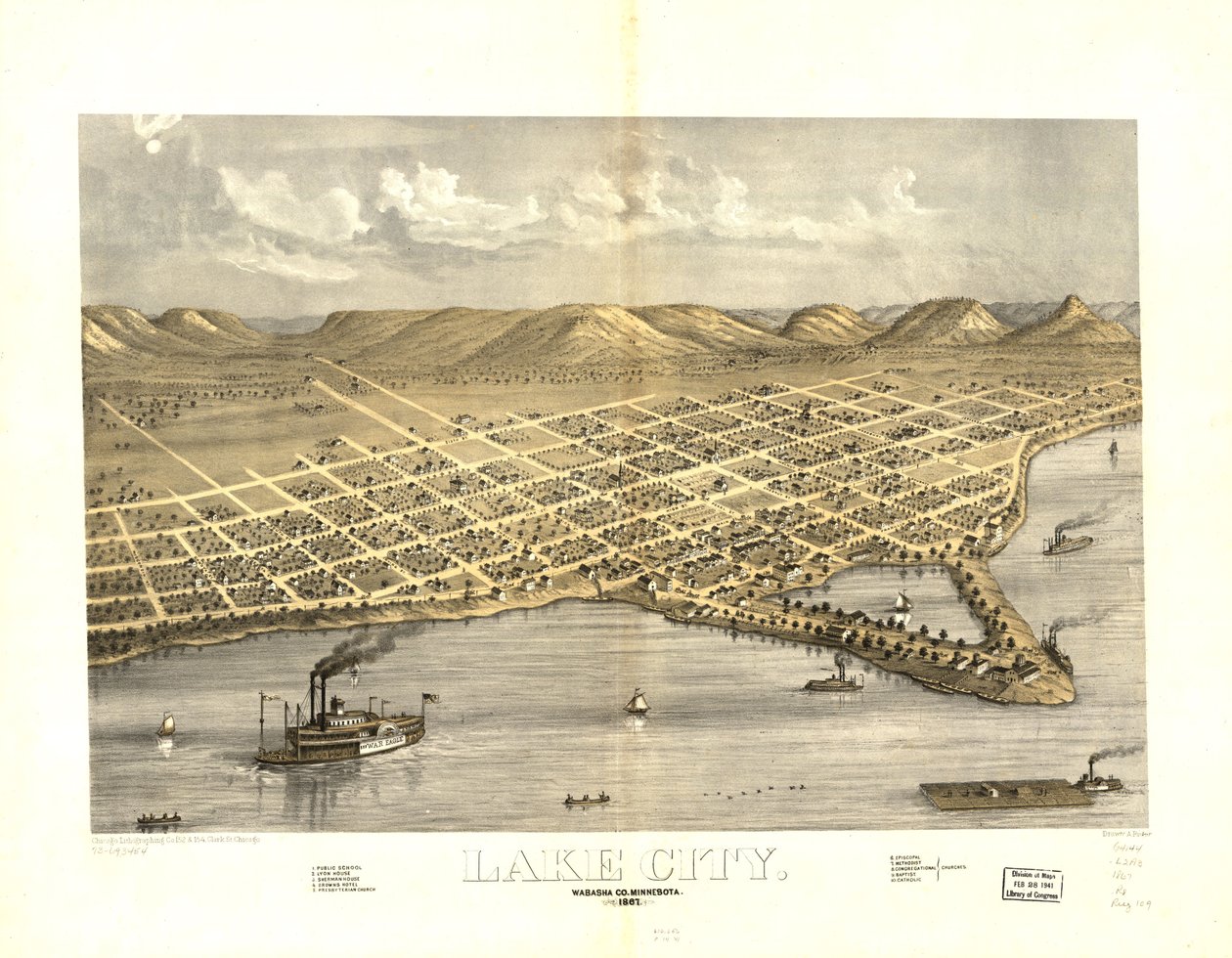 Lake City, Wabasha Co., Minnesota 1867. LOC 73693454 alkotó: A.; Chicago Lithographing Co. Ruger