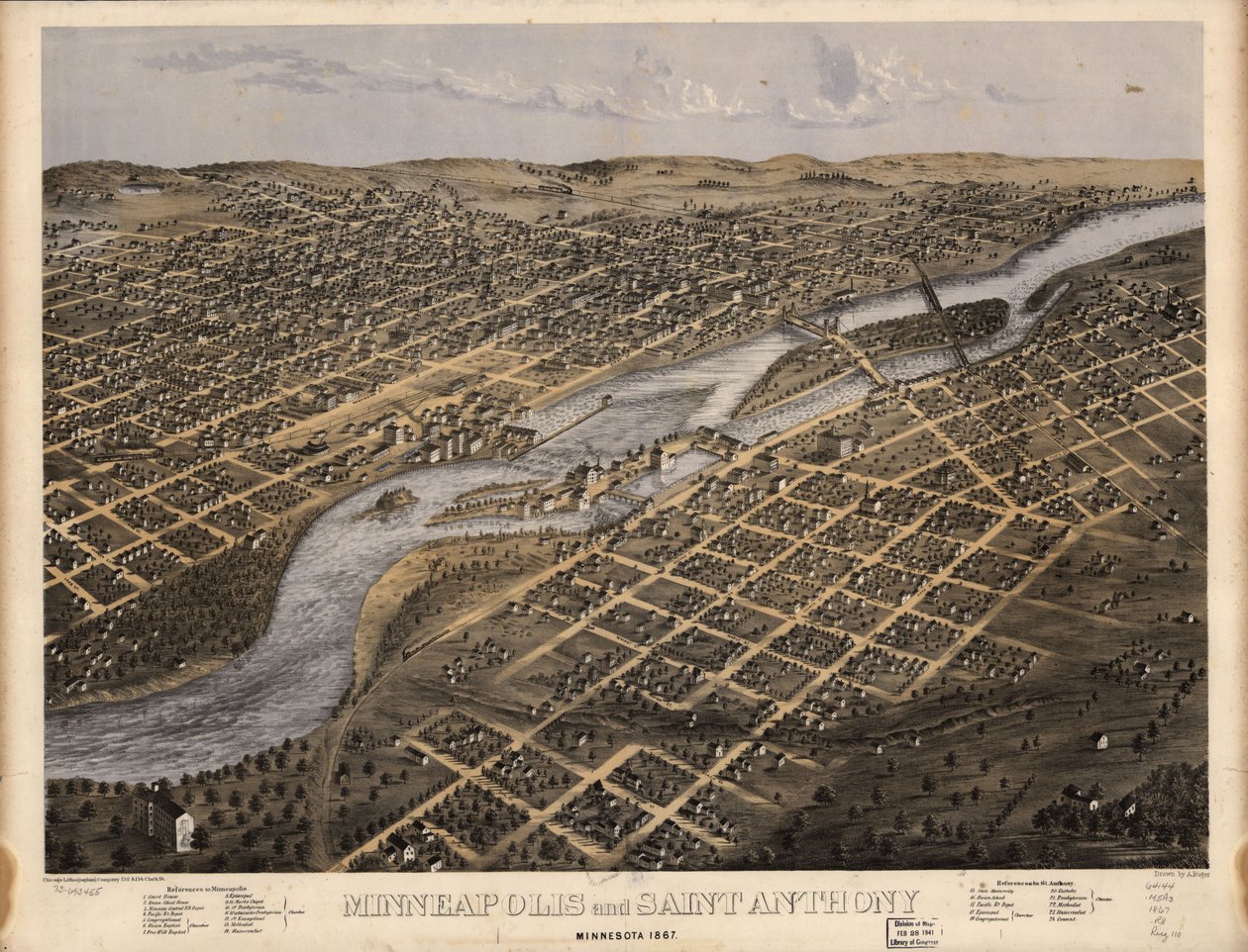 Minneapolis és Saint Anthony, Minnesota 1867. LOC 73693455 alkotó: A.; Chicago Lithographing Co. Ruger