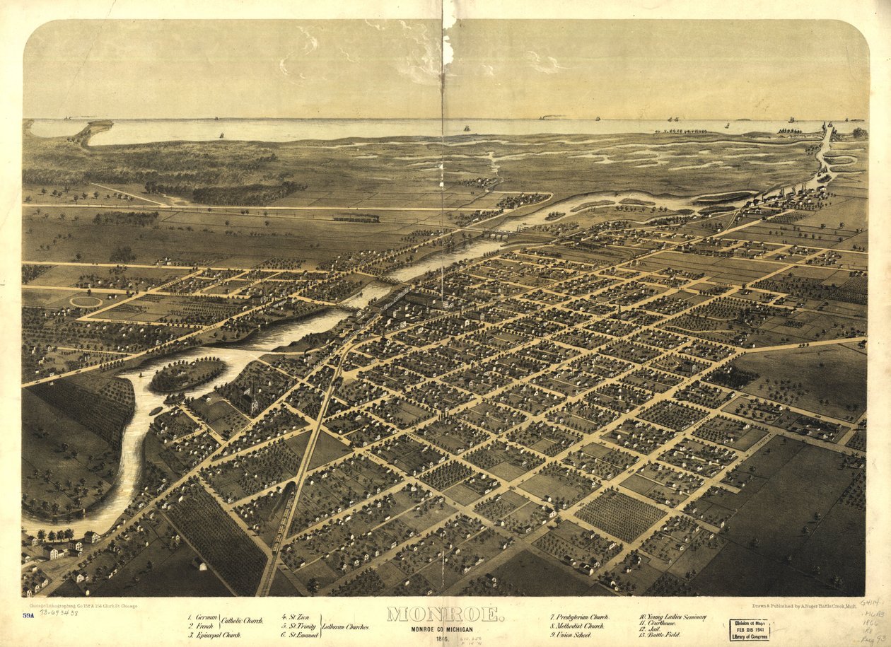Monroe, Monroe Co., Michigan 1866. LOC 73693438 alkotó: A.; Chicago Lithographing Co. Ruger