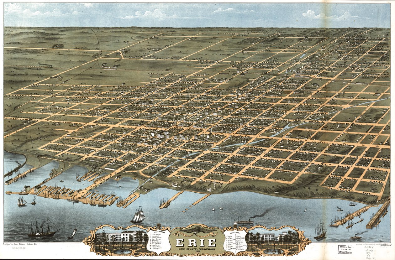 Madártávlatból Erie városa, Erie megye, Pennsylvania 1870. alkotó: A. Chicago Lithographing Co. Ruger and Stoner Ruger