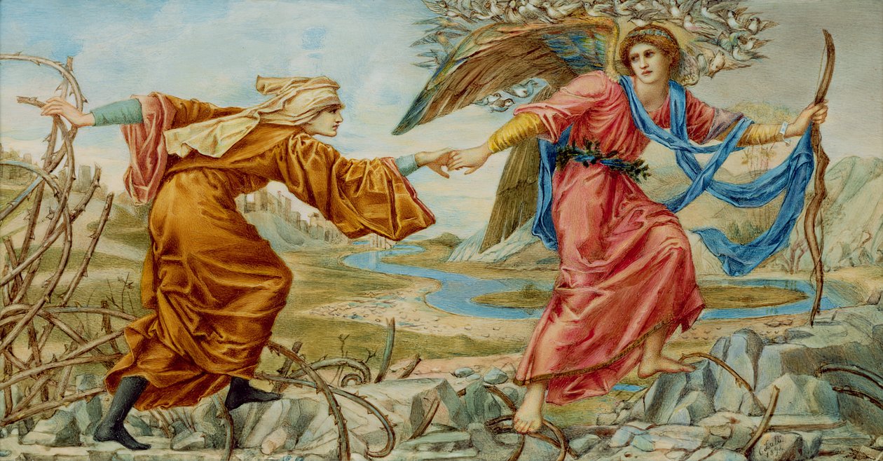 Szerelem vezeti a zarándokot Sir E. C. Burne-Jones után, 1894 (olaj, elefántcsont) alkotó: A. Corsi Lalli