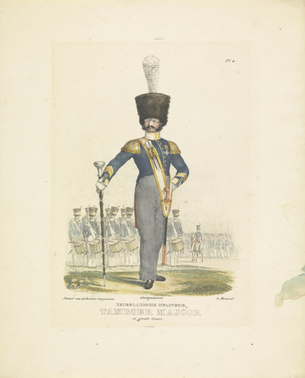 Dobdúr teljes egyenruhában Dobdúr teljes ruhában, 1820-1825 holland gyalogság. Dob dúr teljes egyenruhában (cím a tárgyon) A Holland Királyság katonai jelmezei. Őexcellenciájának, Willem van Bylandtnak szentelve (seri alkotó: A. Courtois