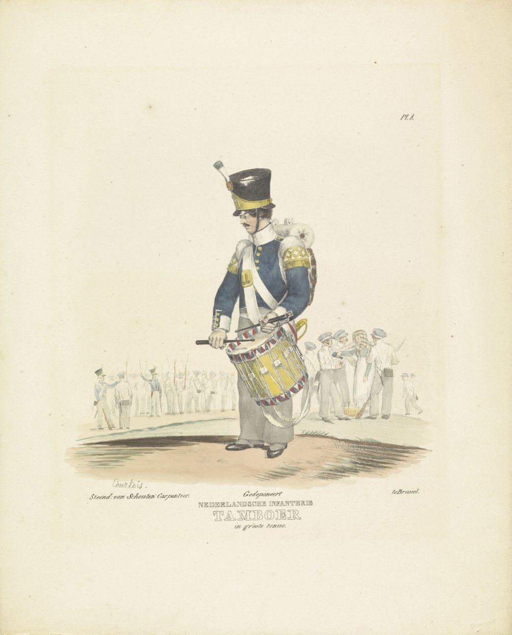 Dobos teljes egyenruhában Dobos teljes ruhában, 1820-1825 holland gyalogság. Dobos teljes egyenruhában (cím a tárgyon) A Holland Királyság katonai jelmezei. Őexcellenciájának, Willem van Bylandtnak ajánlva (a sorozat címe az objektumon alkotó: A. Courtois