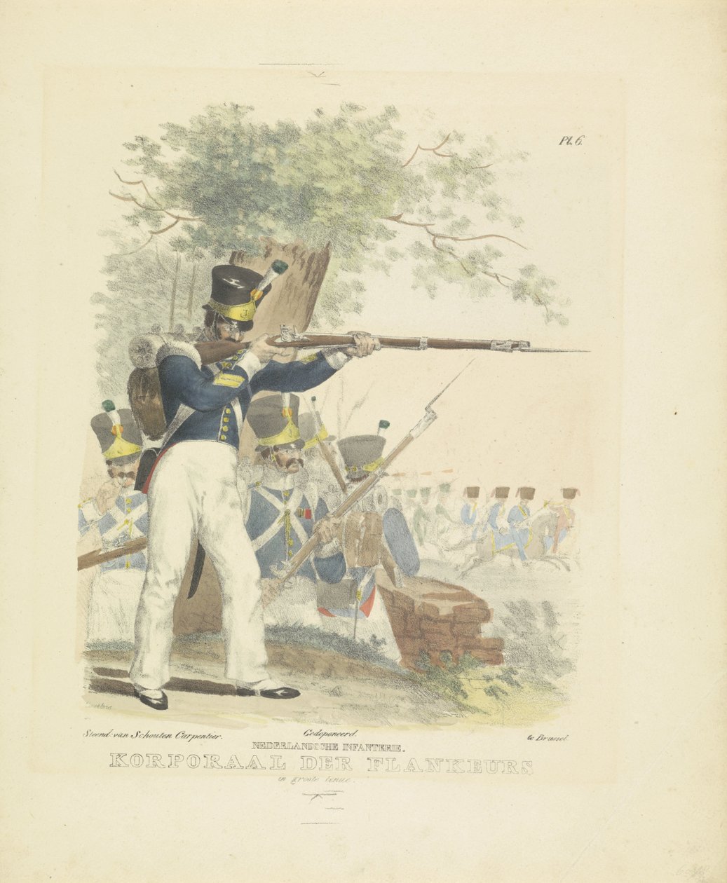 Flankeur teljes egyenruhában, 1820-1825 holland gyalogság. A Flankeurs tizedes teljes egyenruhában (cím a tárgyon) A Holland Királyság katonai jelmezei. Őexcellenciájának, Willem van Bylandtnak szentelve (a sorozat címe a tárgyon) alkotó: A. Courtois
