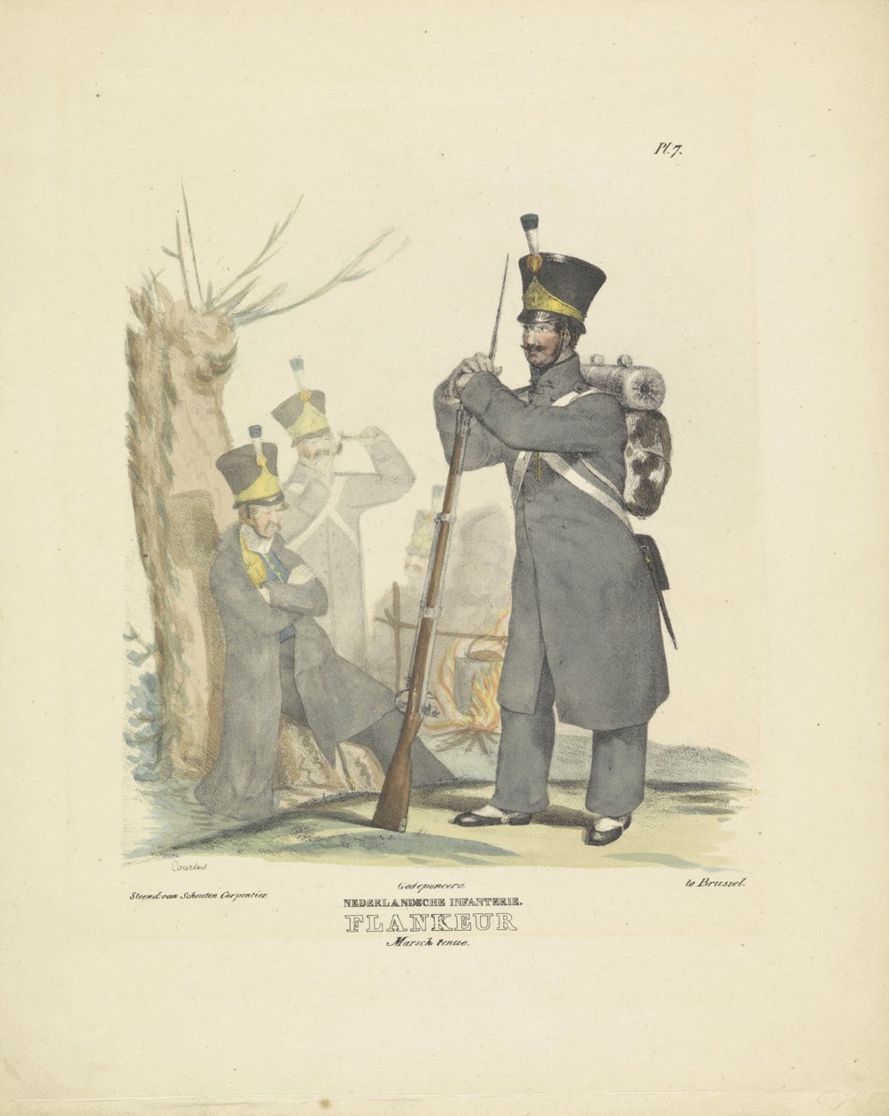 Oldalsó menetfelszerelésben, 1820-1825 holland gyalogság. Flankeur Marsch egyenruha (cím a tárgyon) A Holland Királyság katonai jelmezei. Őexcellenciájának, Willem van Bylandtnak szentelve (a sorozat címe a tárgyon) alkotó: A. Courtois