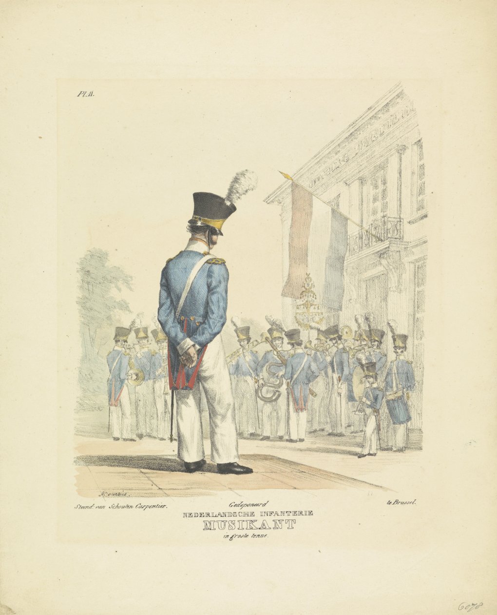 Zenész teljes egyenruhában Zenész teljes ruhában, 1820-1825 Nederlandsche Infanterie Musikant nagyszerű egyenruhában (cím a tárgyon) A Holland Királyság katonai jelmezei. Őexcellenciájának, Willem van Bylandtnak ajánlva (a sorozat címe az obj alkotó: A. Courtois