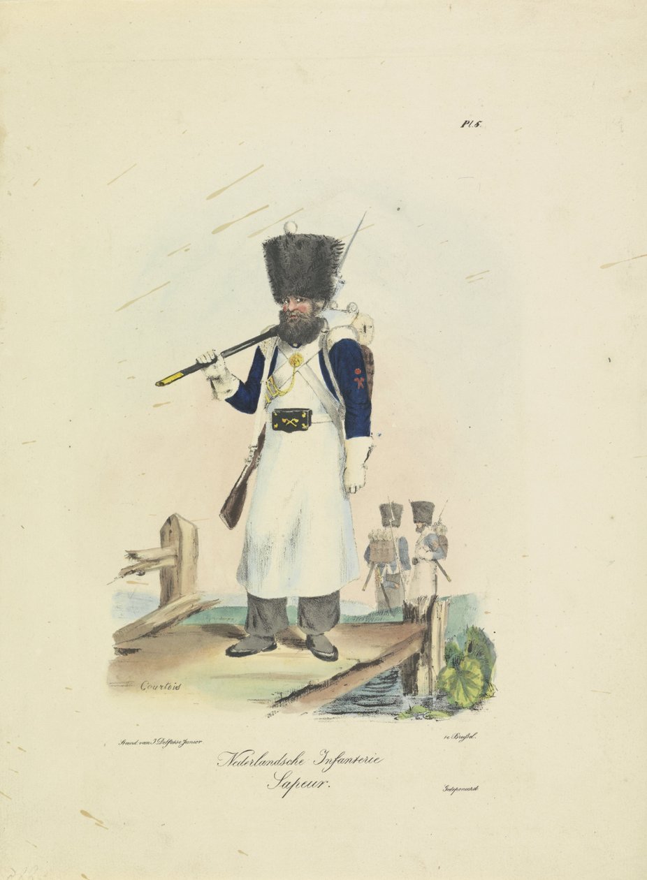 Sappeur, 1820-1825 holland gyalogság. sapeur (cím a tárgyon) A Holland Királyság katonai jelmezei. Őexcellenciájának, Willem van Bylandtnak szentelve (a sorozat címe a tárgyon) alkotó: A. Courtois