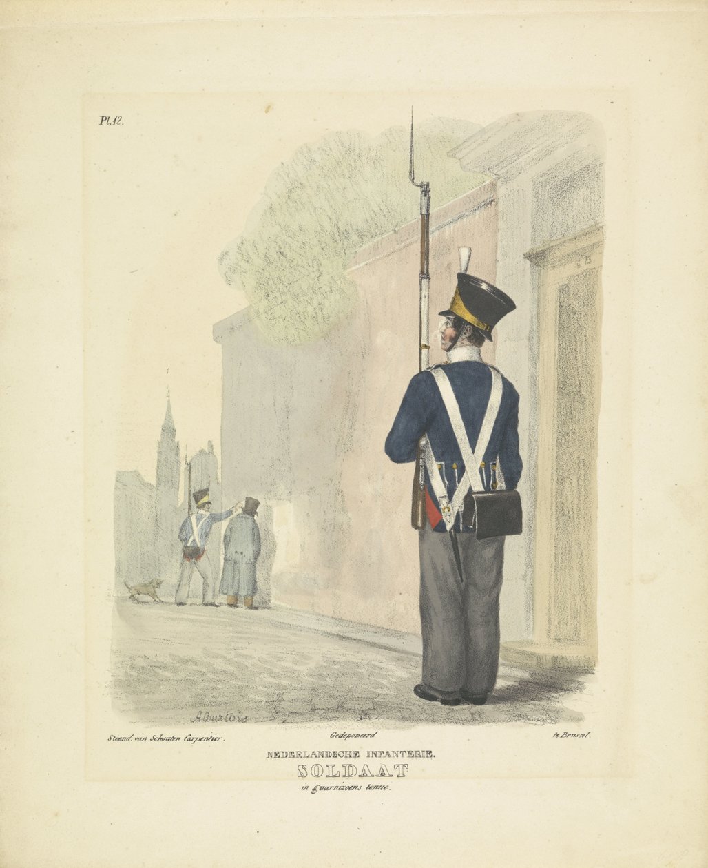 Katona helyőrségi ruhában, 1820-1825 holland gyalogság. Katona gerilla egyenruhában (cím a tárgyon) A Holland Királyság katonai jelmezei. Őexcellenciájának, Willem van Bylandtnak szentelve (a sorozat címe a tárgyon) alkotó: A. Courtois