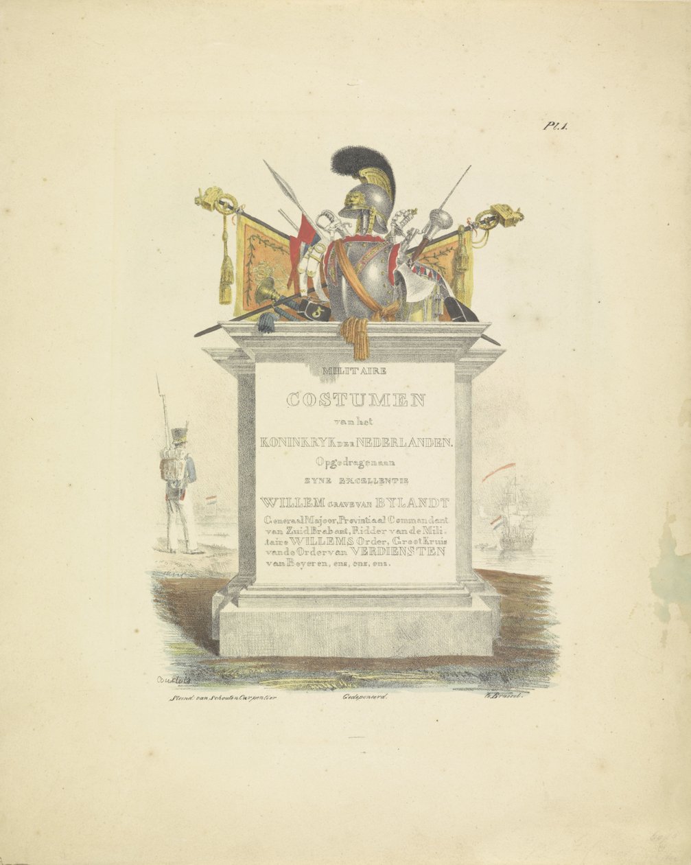 Címnyomat a Holland Királyság egyenruhái sorozatához, 1820-1825 A Holland Királyság katonai jelmezei. Őexcellenciájának, Willem van Bylandtnak szentelve (a sorozat címe a tárgyon) alkotó: A. Courtois