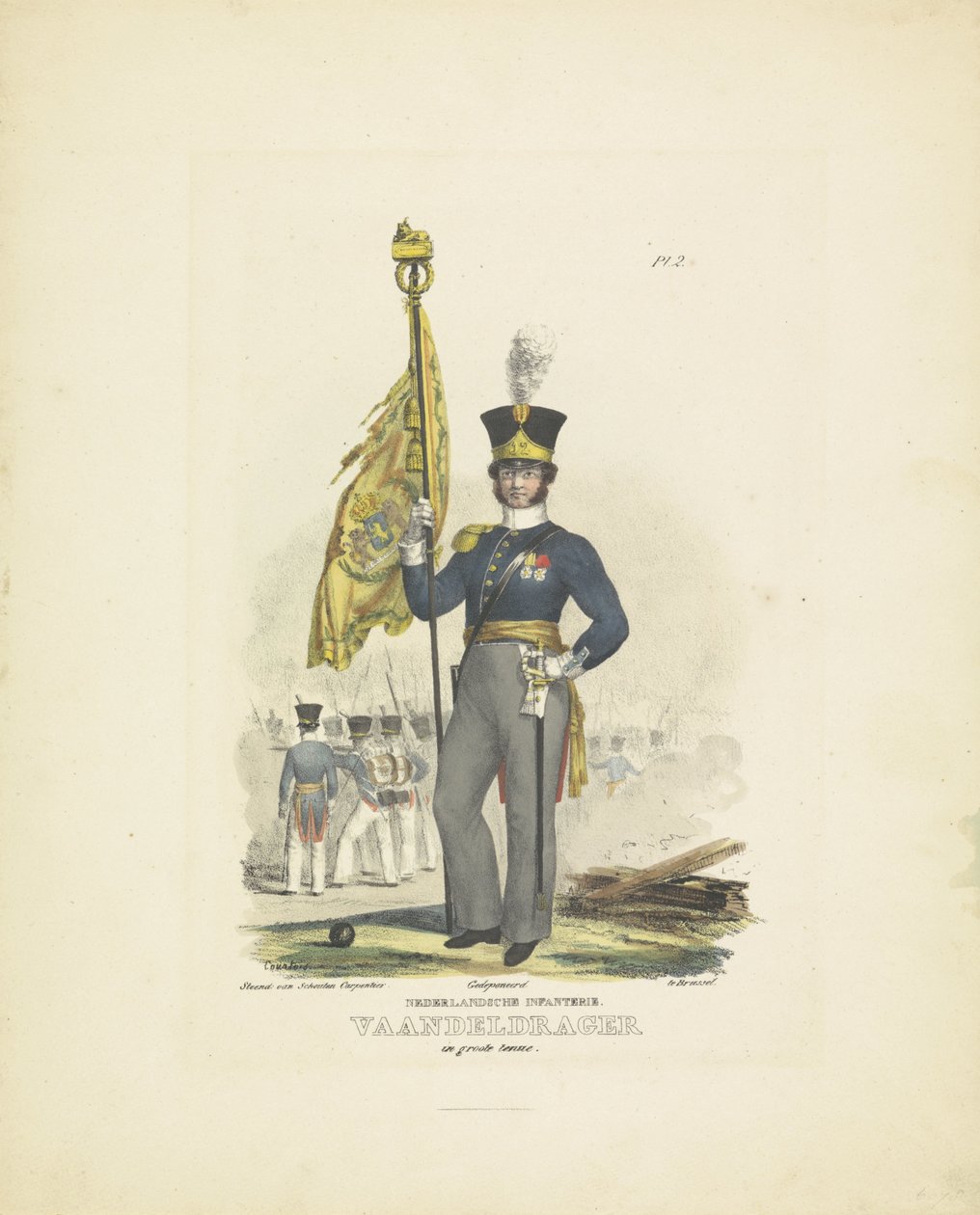 Teljes egyenruhás zászlóvivő, 1820-1825 holland gyalogság. Szabványhordozó nagy egyenruhában (cím a tárgyon) A Holland Királyság katonai jelmezei. Őexcellenciájának, Willem van Bylandtnak szentelve (a sorozat címe a tárgyon) alkotó: A. Courtois