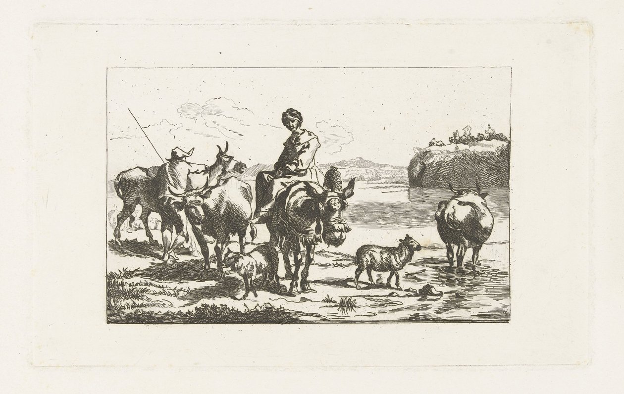 Táj egy pásztorlánnyal öszvéren és egy pásztorral tehenekkel alkotó: A. Dickhof (signed by artist)