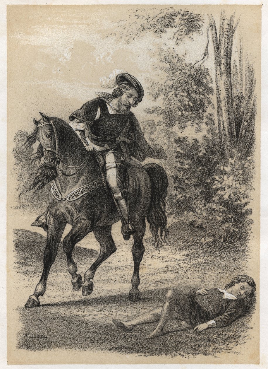 Jacques Amyot (1513-1593), 10 éves korában mentette meg egy utazó. A. Duruy metszete a „Franciaországi irodalmi illusztrációk” c. vagy, Anekdoták galériája főbb szerzőinkről, akik érdeklődnek tetteik és felirataik iránt”” J.B. Maigrot. 1865. alkotó: A. Duruy