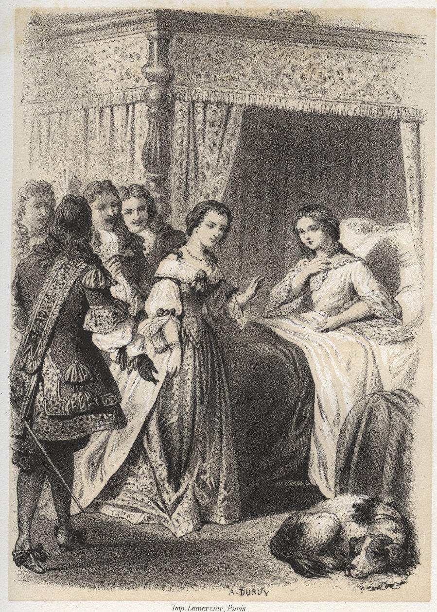 Madame Deshoulieres, Antoinette Ligier de La garde (1637-1694) a kísértettől való félelemmel töltött éjszaka után kérdésekkel borult el. A. Duruy metszete a „” Illustrations litteraires de la France-ban; vagy Galerie anekdotique de nos pr alkotó: A. Duruy