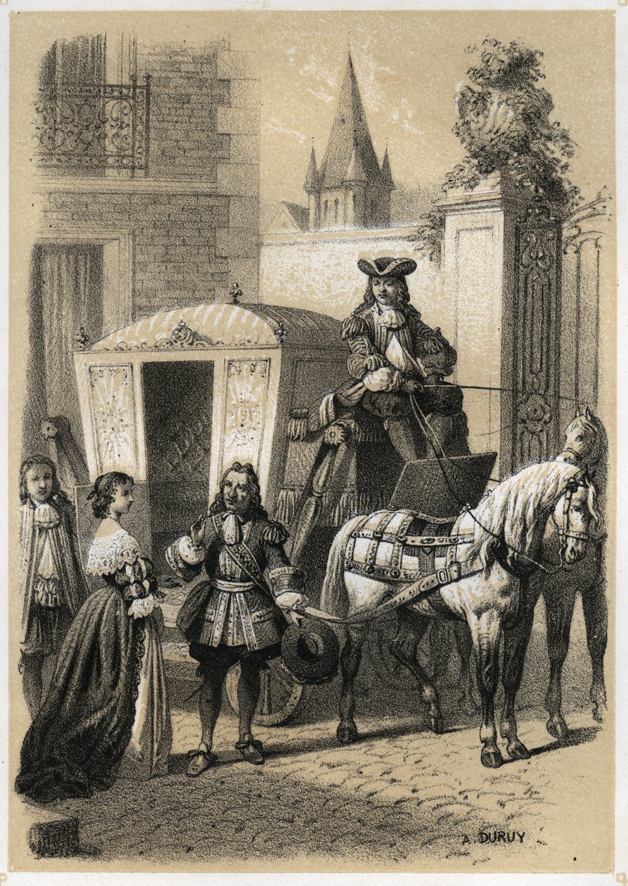 Marie de Rabutin-Chantal (Rabutin Chantal), Marquise de Sevigne dit Madame de Sevigne (1626-1696) Gilles Menage (1613-1692), francia nyelvtan és író kocsira kényszerítette. A. Duruy metszete a „” Illustrations litteraires de la France-ban; vagy, alkotó: A. Duruy