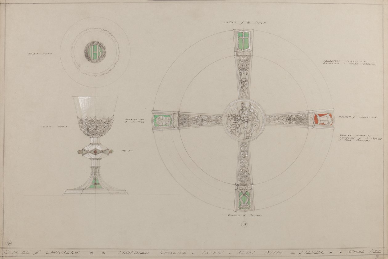 Lovagkápolna: javasolt kehely, paténa és alamizsnatál (ceruza, tinta, ecset, wc és ezüst festék a szürke kártyán) alkotó: A. Edward Jones and Co.