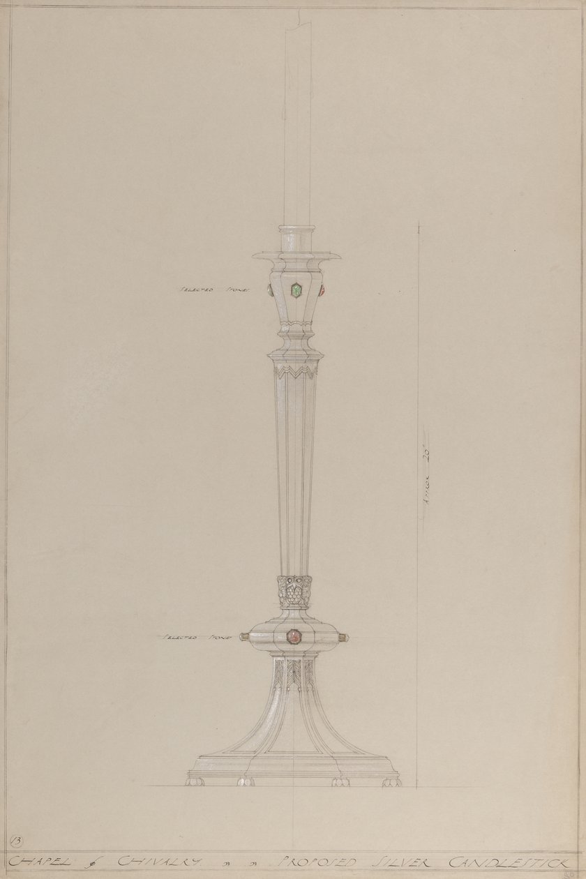 Lovagkápolna: javasolt ezüst gyertyatartó (ceruza, tinta, ecset, wc és ezüst festék a szürke kártyán) alkotó: A. Edward Jones and Co.