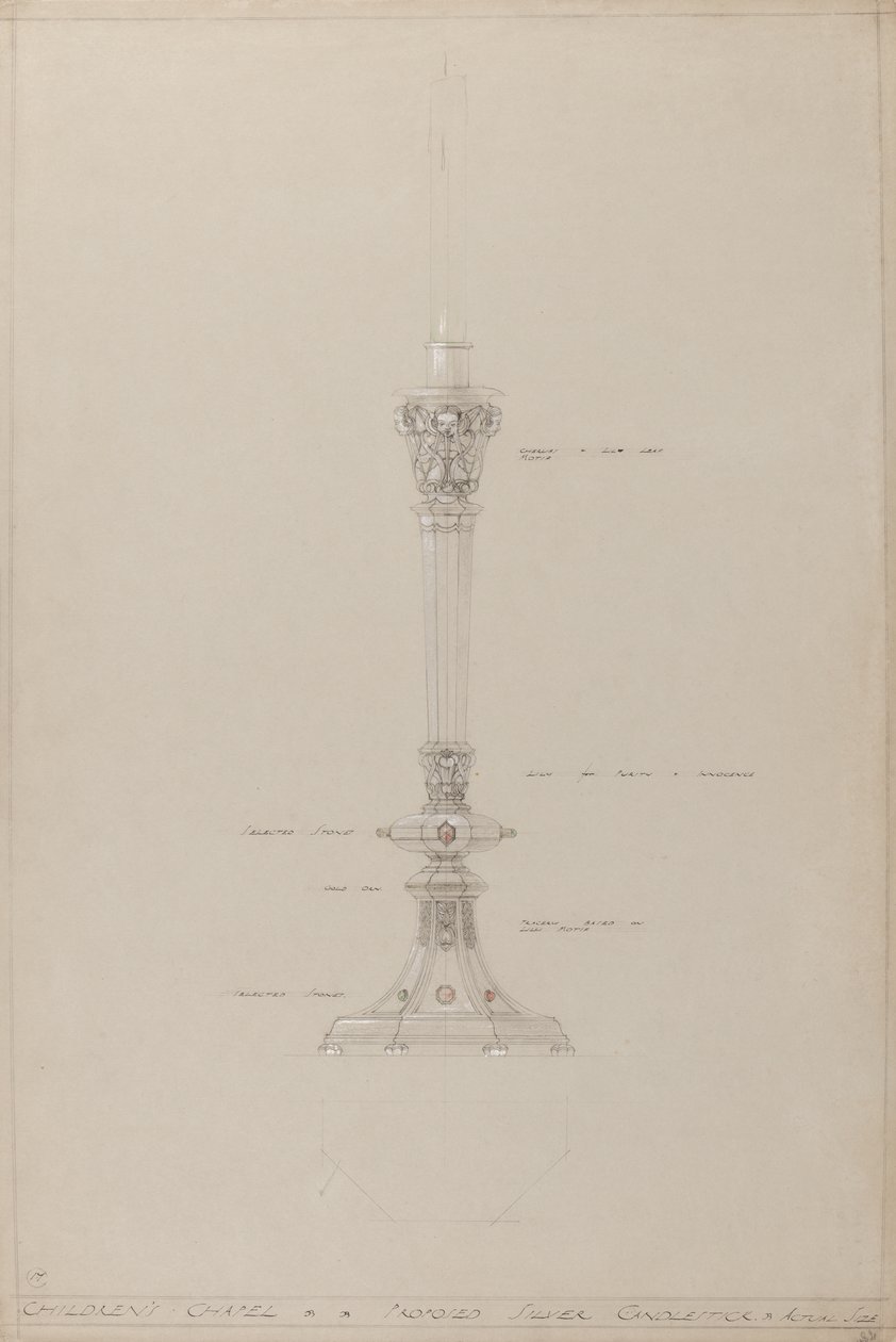 Gyermekkápolna: javasolt ezüst gyertyatartó, valós méret (ceruza, tinta, ecset, wc és ezüst festék szürke kártyán) alkotó: A. Edward Jones and Co.